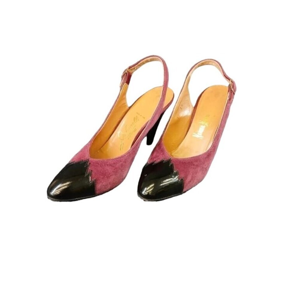 Mabel Julianelli Plum and Black Mixed Italian Leather & Suede Slingback Heels 7